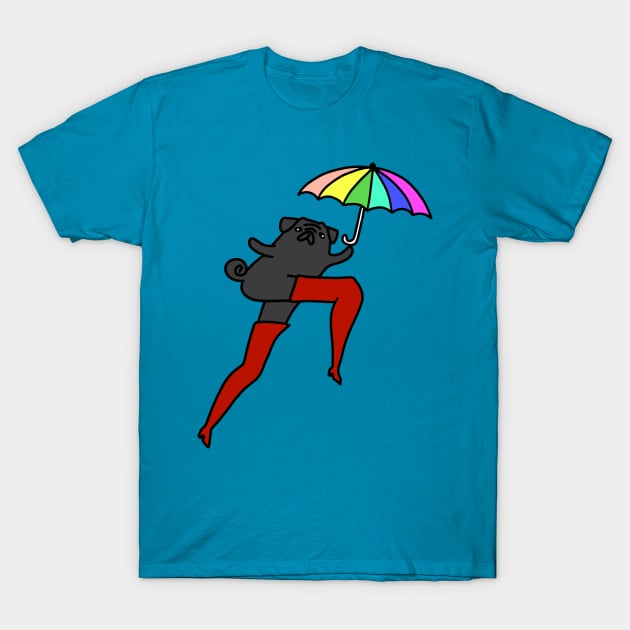 Long Leggy Black Pug with Umbrella T-Shirt by saradaboru